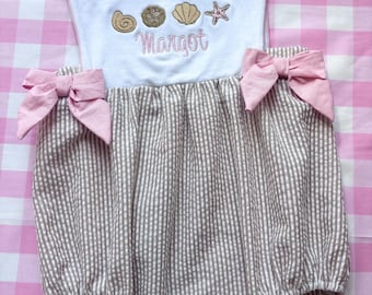 Personalized Seersucker Baby Romper – Embroidered Monogram, Beach Outfit