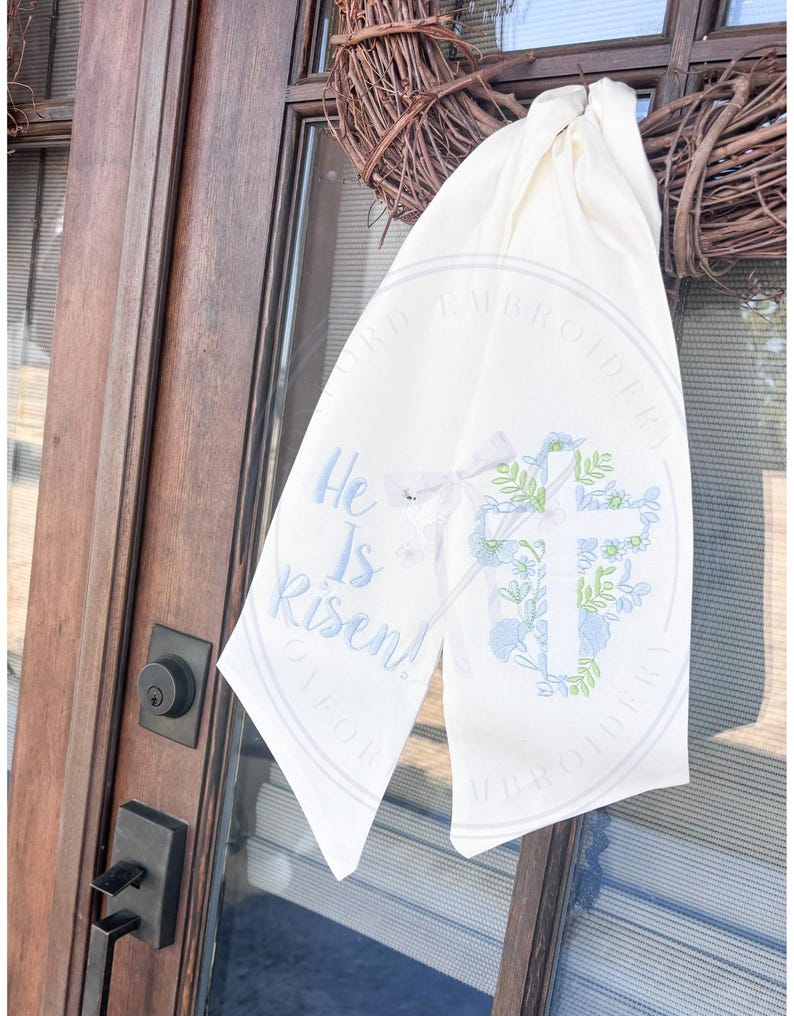Spring and Easter Wreath Sash/ He Is Risen With Cross Design/Easter Home Decor/Wreath Sash for Spring or Easter image 1