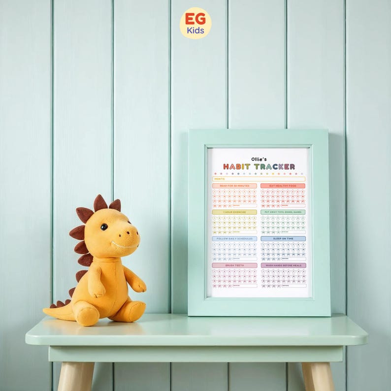 May include: A soft, yellow plush dinosaur toy with brown spikes sits next to a framed "Ollie's Habit Tracker" chart. The chart is in a light blue frame and has colorful sections for tracking habits. The background is a light blue wall.