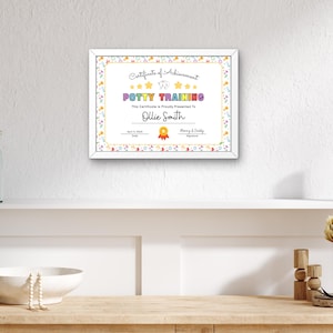 May include: A framed certificate with the words "Potty Training" in colorful letters. The certificate has a white border and includes the name "Ollie Smith" and a date. The design features stars, a dog illustration, and colorful patterns.