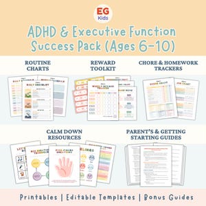 Peut inclure: Ensemble de ressources imprimables pour la gestion du TDAH et des fonctions exécutives, pour les enfants de 6 à 10 ans. Il comprend des tableaux, des outils et des guides pour les routines, les récompenses, les tâches et les techniques de relaxation. Le texte de l'image indique "Printables | Editable Templates | Bonus Guides."