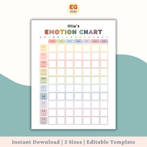 Puede incluir: Un gráfico de emociones colorido para niños, con el texto "Ollie's EMOTION CHART" en colores del arcoíris. El gráfico incluye espacios para cada día de la semana y varias emociones como feliz, triste y enfadado. El texto "Instant Download | 3 Sizes | Editable Template" está en la parte inferior.
