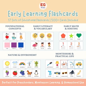 Cartes d'apprentissage précoce, cartes mnémotechniques imprimables pour enfants d'âge préscolaire, alphabet chiffres formes couleurs émotions cartes tout-petit apprentissage Montessori ABC 123