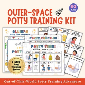May include: An "Outer-Space Potty Training Kit" with colorful illustrations and text. The kit includes a certificate, potty check-in chart, and a 5-step potty training system. The text reads "Out-of-This-World Potty Training Adventure."