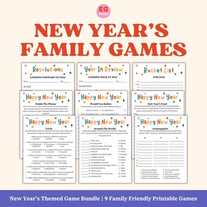 May include: A bundle of nine printable New Year's family games. The games include categories like resolutions, year in review, bucket list, trivia, and scattergories. The design features a retro font and colorful accents, perfect for a fun New Year's Eve.