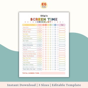 Może przedstawiać: Drukowana lista kontrolna czasu przed ekranem dla dzieci, z kolorowym designem i zadaniami takimi jak "Posłać łóżko" i "Posprzątać pokój". Lista zawiera śledzenie czasu i sekcję dla całkowitego czasu przed ekranem.