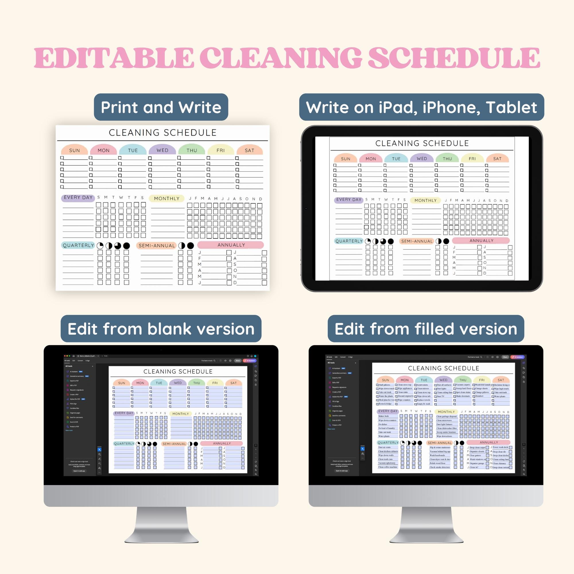 Editable Cleaning Planner, Printable Chore Chart Schedule, Daily Weekly ...
