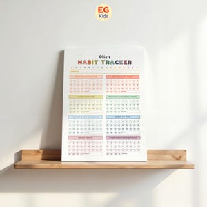 May include: A colorful "Ollie's Habit Tracker" chart for kids, featuring sections for tracking daily habits like reading, exercise, and healthy eating. The chart is displayed on a wooden shelf, with the "EG Kids" logo in the top left corner.
