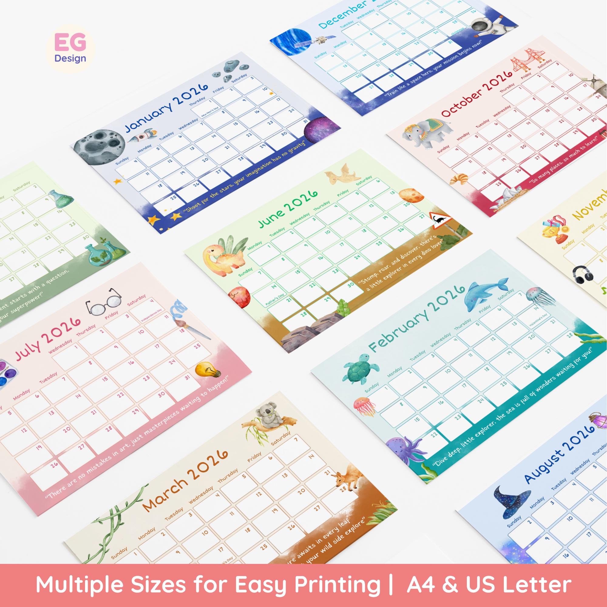 2026 Kids Calendar Printable, Monthly Calendar With Quotes, Editable ...