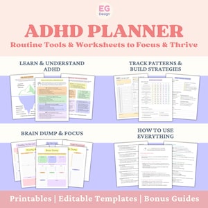 以下が含まれることがあります： 「ADHD PLANNER」と「Routine Tools & Worksheets to Focus & Thrive」の文字が入ったピンクと紫のADHDプランナー。 プランナーには、印刷可能なテンプレート、編集可能なテンプレート、ボーナスガイドが含まれています。 セクションには、「Learn & Understand ADHD」と「Track Patterns & Build Strategies」が含まれています。