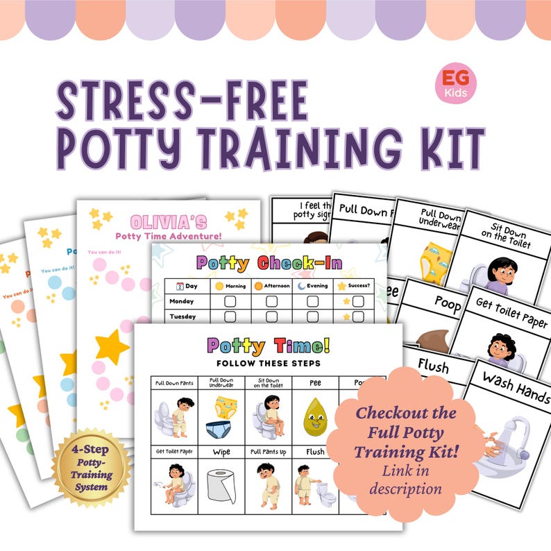 May include: A stress-free potty training kit with various colorful charts and illustrations. The kit includes a potty check-in chart, a 4-step potty training system, and cards with instructions like "Pull Down Pants" and "Wash Hands." The text "Checkout the Full Potty Training Kit! Link in description" is also visible.