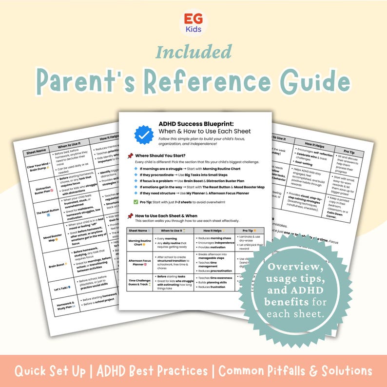 May include: A Parent's Reference Guide with the text "ADHD Success Blueprint" and "Overview, usage tips, and ADHD benefits for each sheet." The guide includes sheets with tips on focus, organization, and independence.