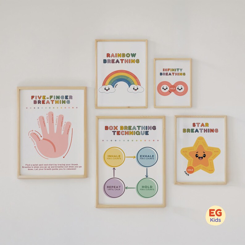 Kids Breathing Posters Set, Printable Calm Down Techniques, Mindfulness ...