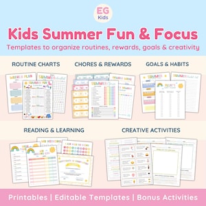 Routine estive per bambini, Calendario estivo, Tabelle delle ricompense per bambini, Registro di lettura, Attività creative, Tabelle delle faccende estive, Lista dei desideri per le vacanze