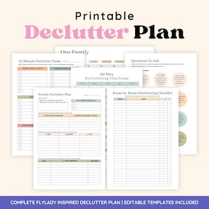 Può includere: Una raccolta di modelli stampabili per un piano di decluttering. Il titolo "Printable Declutter Plan" è in rosa e nero. I modelli includono un elenco di attività di 15 minuti, una sfida di 30 giorni, un piano settimanale e una checklist stanza per stanza. Il testo in basso recita "COMPLETE FLYLADY INSPIRED DECLUTTER PLAN | EDITABLE TEMPLATES INCLUDED."