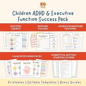Children ADHD Printables, Kids Executive Function Tools, Behavior Charts, Routine Checklists, Calm Down Breathing Techniques, Reward Charts
