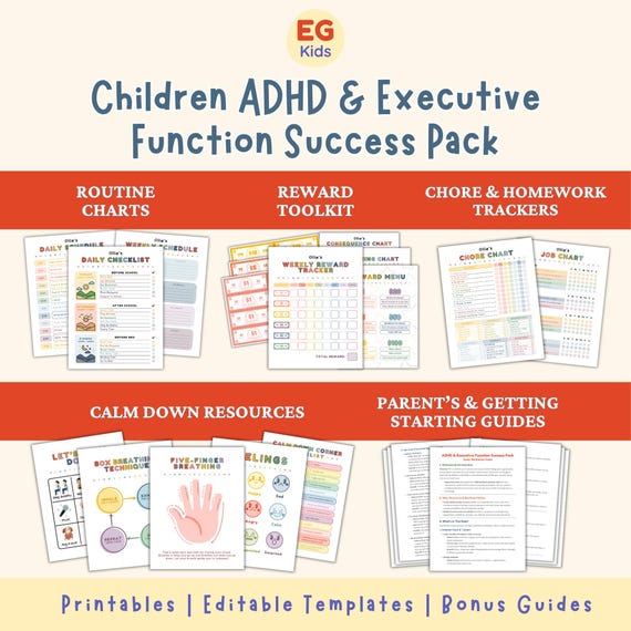 Children ADHD Printables, Kids Executive Function Tools, Behavior Charts, Routine Checklists, Calm Down Breathing Techniques, Reward Charts