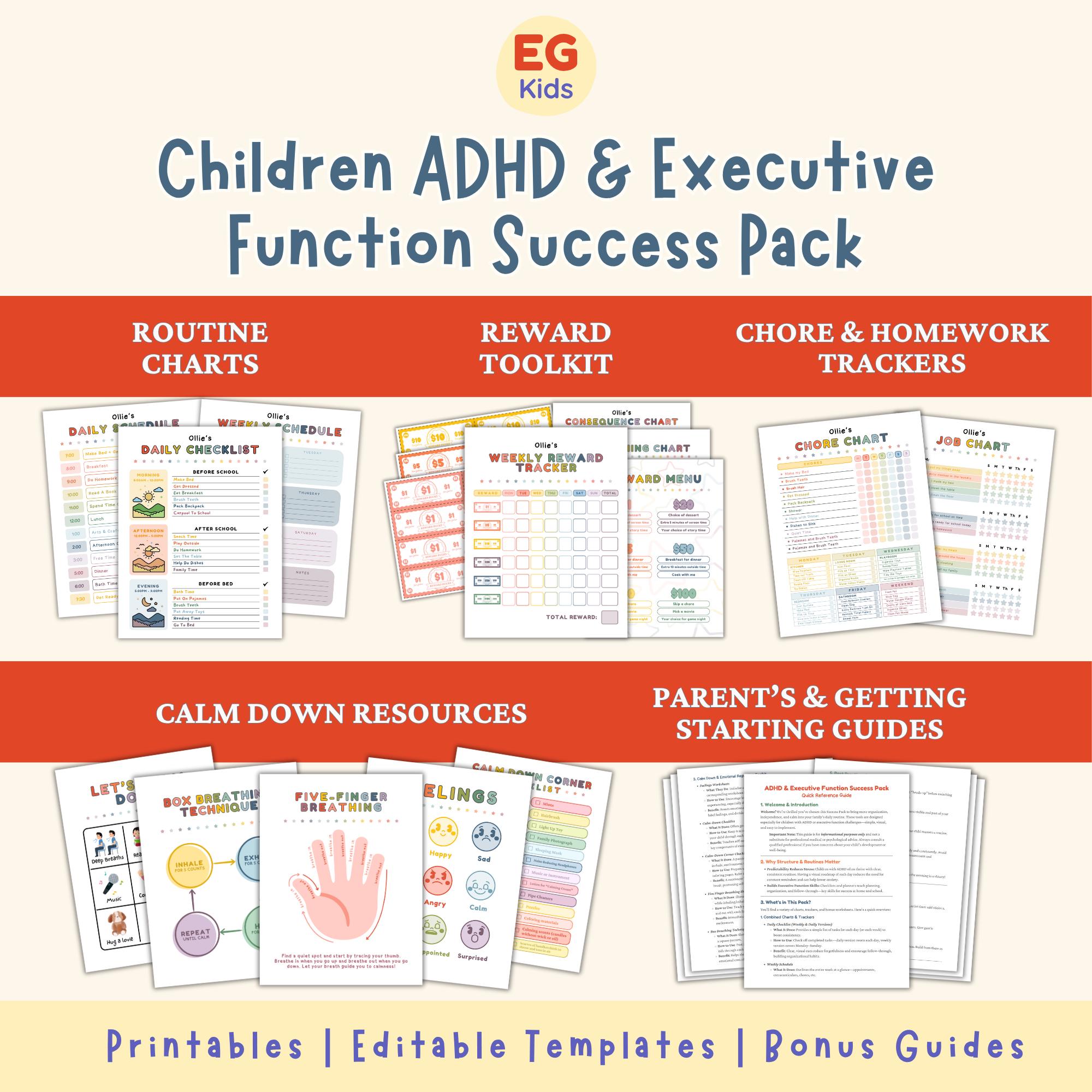 Children ADHD Printables, Kids Executive Function Tools, Behavior Charts, Routine Checklists, Calm Down Breathing Techniques, Reward Charts