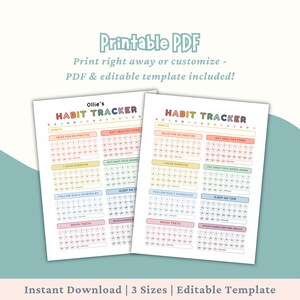 May include: Two printable PDF habit trackers with colorful headings and sections for daily tasks. The text includes "Habit Tracker," "Read for 30 minutes," and "Eat Healthy Food." The bottom text reads "Instant Download | 3 Sizes | Editable Template."