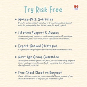 May include: A light beige background with the text "Try Risk Free" in teal. The text lists guarantees including a money-back guarantee, lifetime support, expert-backed strategies, and a free cheat sheet.