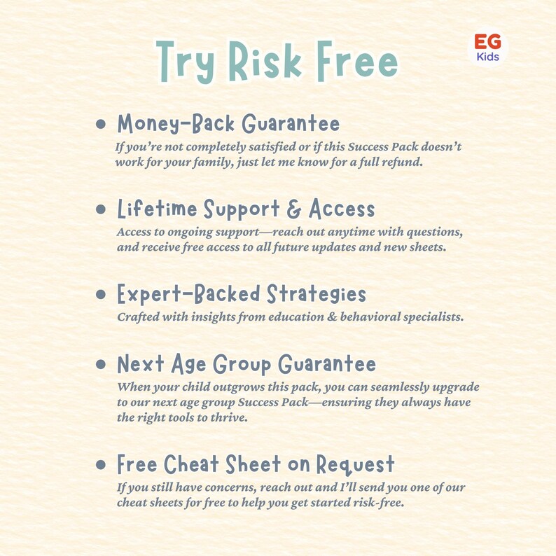 May include: A light beige background with the text "Try Risk Free" in teal. The text lists guarantees including a money-back guarantee, lifetime support, expert-backed strategies, and a free cheat sheet.