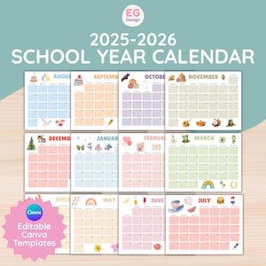 Op de afbeelding: Een kleurrijke schooljaarkalender 2025-2026 met maandelijkse lay-outs. Elke maand heeft een unieke pastelkleur en thematische illustraties. Het ontwerp bevat de tekst "SCHOOLJAAR KALENDER" en "Bewerkbare Canva Templates".