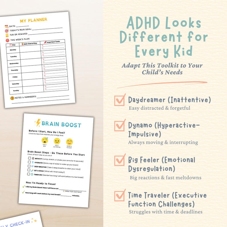 May include: A planner and toolkit for children with ADHD. The planner includes sections for daily goals and weekly plans. The toolkit features checklists and guides for managing emotions and executive function challenges. Text on the image reads "ADHD Looks Different for Every Kid."