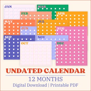 Printable Wall Calendar Undated, Yearly Calendar, Colorful Monthly Planner, Cute Office Decor for Desk, Organization, Digital Download PDF