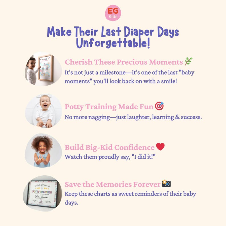 K&ouml;nnte beinhalten: Werbegrafik mit dem Text "Make Their Last Diaper Days Unforgettable!" und Bildern von Kindern. Die Grafik enth&auml;lt die S&auml;tze "Cherish These Precious Moments", "Potty Training Made Fun", "Build Big-Kid Confidence" und "Save the Memories Forever".