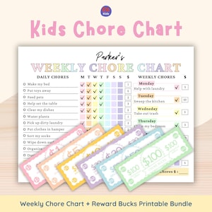 Puede incluir: Un colorido cuadro de tareas semanales para niños. Incluye tareas diarias y semanales, con casillas de verificación. La imagen muestra billetes de recompensa de 1, 5, 10, 20 y 100 euros.