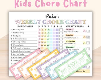 Editable Kids Chore Chart, Printable Reward Bucks, Children Weekly Chore List, Family Cleaning Daily Planning, Child Reward Charts Templates