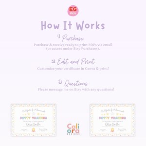 May include: A light purple graphic with the text "How It Works" and instructions for purchasing, editing, and printing certificates. Two certificates are displayed, featuring the text "Potty Training" and the name "Ollie Smith."