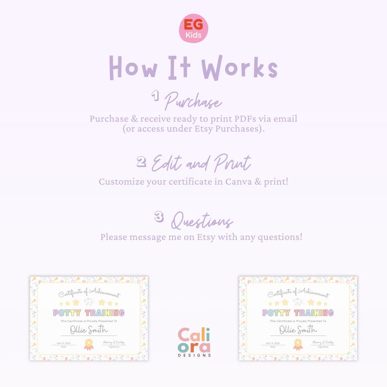 May include: A light purple graphic with the text "How It Works" and instructions for purchasing, editing, and printing certificates. Two certificates are displayed, featuring the text "Potty Training" and the name "Ollie Smith."