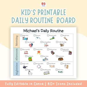 Puede incluir: Un tablero de rutina diaria imprimible para niños, con un diseño estructurado dividido en secciones de mañana, tarde y noche. El tablero incluye tareas ilustradas como "Hacer la cama", "Desayunar" y "Hora de dormir". El texto "KID'S PRINTABLE DAILY ROUTINE BOARD" está en la parte superior.