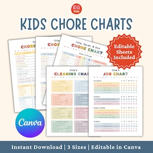 Kids Chore Charts Printable, Family Cleaning Checklists, Children Responsibility Templates, Multiple Kids Daily Routine Tracker Bundle