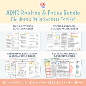Peut inclure: Un ensemble de ressources imprimables pour les enfants atteints de TDAH, comprenant des tableaux de routine, des feuilles de travail et des systèmes de récompense. L'image présente le texte "ADHD Routine & Focus Bundle" et "Children's Daily Success Toolkit."