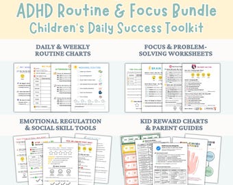 Afdrukbare hulpmiddelen voor kinderen ADHD, routineschema's voor kinderen, beloningen voor hyperactief gedrag, uitvoerende functie, focus op huiswerk, regulering van kindgevoel