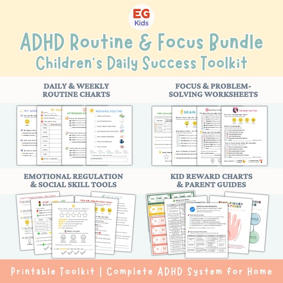 Kids ADHD Printable Tools, Children Routine Charts, Hyperactive Behavior Rewards, Executive Function, Homework Focus, Kid Feeling Regulation