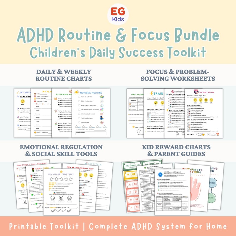 May include: A bundle of printable ADHD resources for children, including routine charts, worksheets, and reward systems. The image features the text "ADHD Routine & Focus Bundle" and "Children's Daily Success Toolkit."