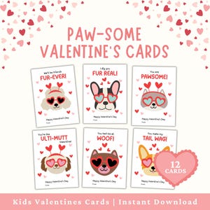 Puede incluir: Un conjunto de seis tarjetas de San Valentín con perros de dibujos animados con gafas de sol en forma de corazón. Las tarjetas tienen frases como "FUR-EVER" y "PAWSOME!" con un borde en forma de corazón rosa y el texto "12 TARJETAS".