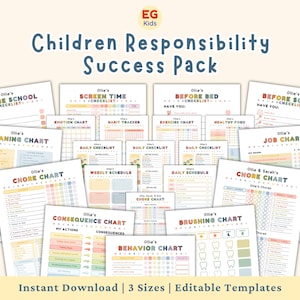 May include: A collection of printable children's responsibility charts and checklists. The pack includes charts for chores, screen time, behavior, and daily schedules. The text on the image reads "Children Responsibility Success Pack" and "Instant Download | 3 Sizes | Editable Templates."