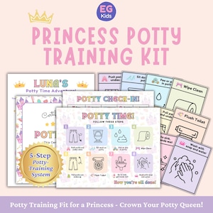 May include: A pink and purple Princess Potty Training Kit with the text "Princess Potty Training Kit". The kit includes a certificate, a potty check-in chart, and a 5-step potty training system guide.