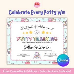 K&ouml;nnte beinhalten: Eine Urkunde f&uuml;r das T&ouml;pfchentraining mit einem Einhorn- und Regenbogen-Design. Die Urkunde enth&auml;lt den Text "Potty Training" und Platz f&uuml;r den Namen des Kindes, das Datum und die Unterschriften. Die Urkunde ist mit Herzen und Einh&ouml;rnern verziert.