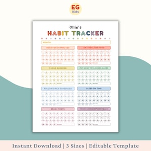 Könnte beinhalten: Ein druckbarer Gewohnheitstracker mit dem Text "Ollie's Habit Tracker". Er enthält Abschnitte für tägliche Aufgaben wie Lesen, gesunde Ernährung und Bewegung. Das Design hat ein Sternthema und ist in drei Größen erhältlich.