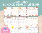 2025 2026 School Year Calendar, Editable Monthly Calendar Template, Seasonal Printable Calendar, Colorful Digital Teacher Class Planner