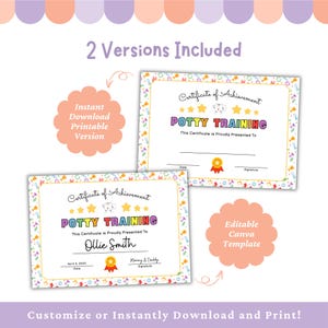 May include: Two versions of a potty training certificate are shown. The certificates have a white background with colorful borders and the words "Potty Training" in large, colorful letters. The certificates include the text "Certificate of Achievement" and "This Certificate is Proudly Presented To".