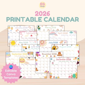 Puede incluir: Una colección de calendarios imprimibles de 2026, cada uno con un mes diferente e ilustraciones de temporada. Los calendarios están en una paleta de colores pastel e incluyen el texto "Printable Calendar" y "Editable Canva Templates".