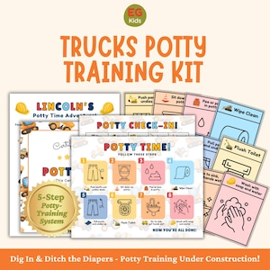 Może przedstawiać: Zestaw do nauki korzystania z nocnika z napisem "Trucks Potty Training Kit". Zestaw zawiera ilustrowane karty z instrukcjami, certyfikat i 5-stopniowy system nauki korzystania z nocnika. Tematem zestawu jest budownictwo.