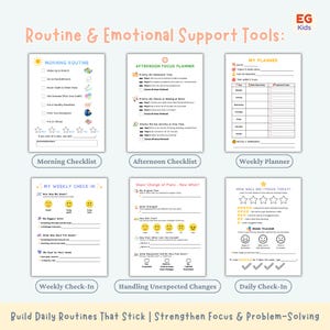 May include: A collection of printable checklists and planners for kids, including a morning routine, afternoon focus, weekly planner, and daily check-in. The pages are white with colorful graphics and text.
