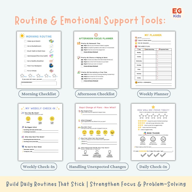 May include: A collection of printable checklists and planners for kids, including a morning routine, afternoon focus, weekly planner, and daily check-in. The pages are white with colorful graphics and text.